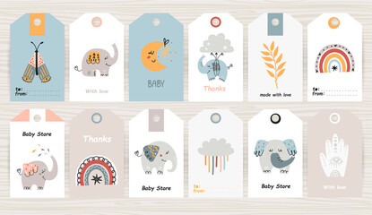 Set of tags with bohemian elephants.