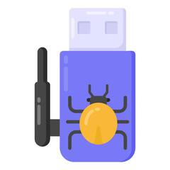 
Malicious usb in flat style icon, system hardware memory device

