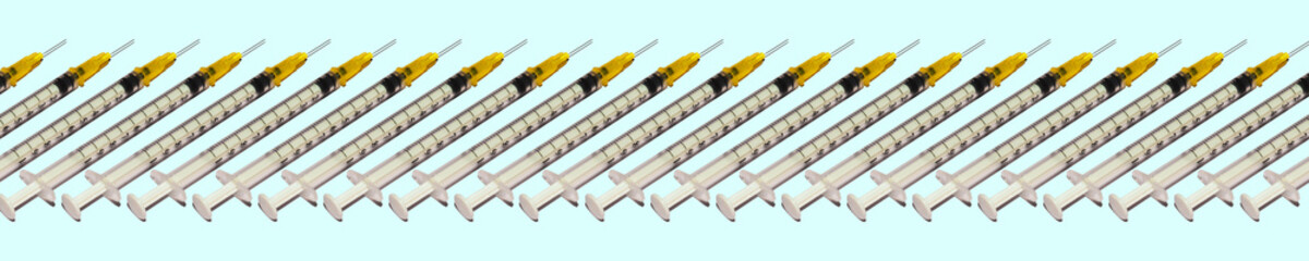 Banner Pattern of medical syringes for vaccination against the virus on a blue background
