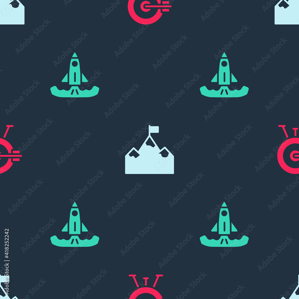 Poster set target with arrow, mountains flag and rocket on seamless pattern. vector.