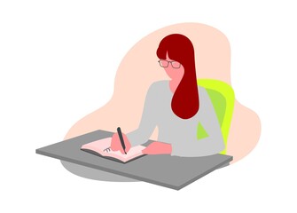 A girl writing on a book. Simple flat illustration