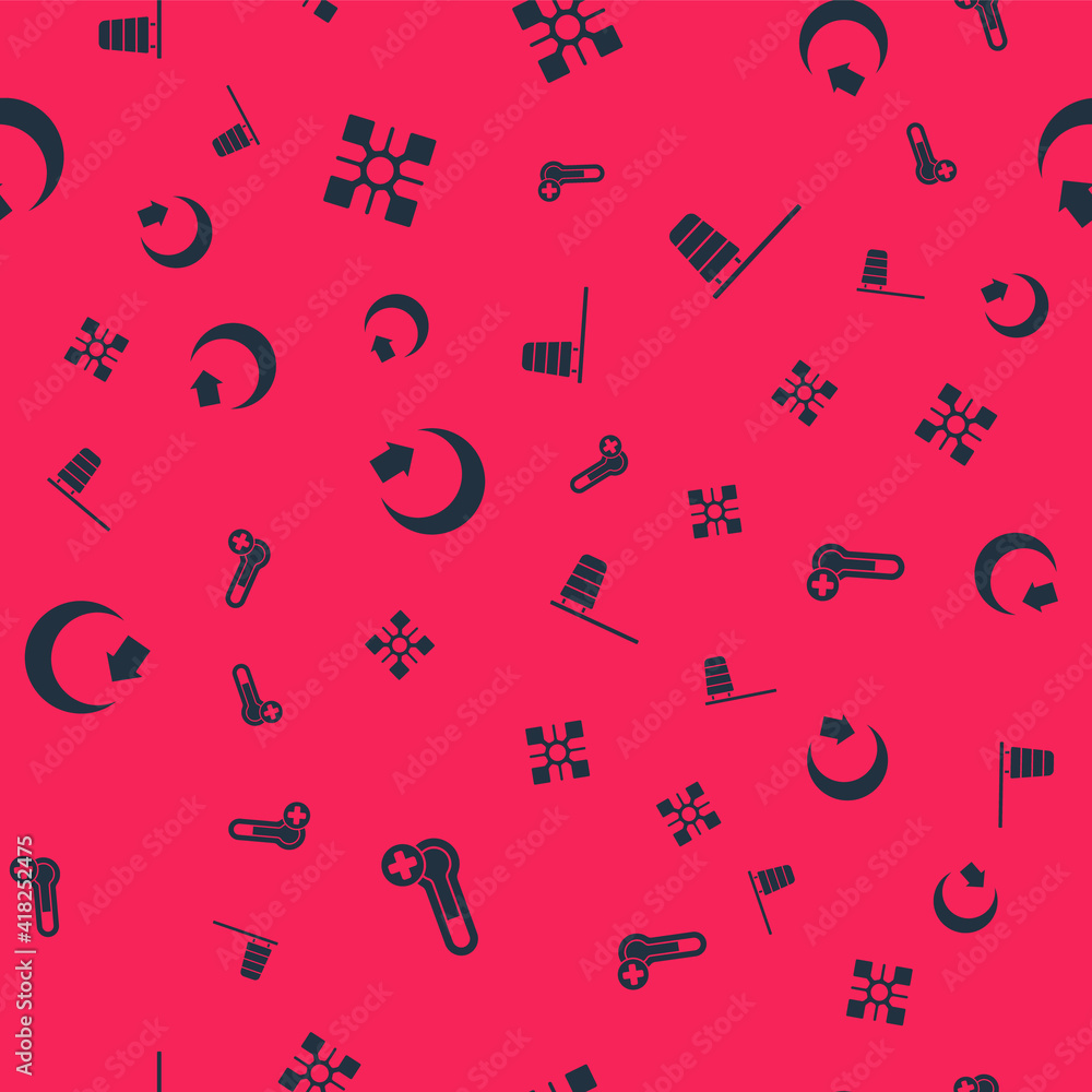 Poster set meteorology thermometer, snowflake, moon and cone windsock wind vane on seamless pattern. vector