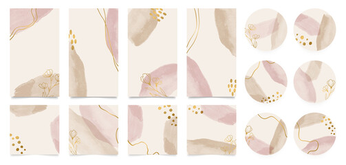Stationary story templates and highlights covers vector set. Social media background design with floral and hand drawn organic shapes textures. Abstract minimal trendy style wallpaper. 