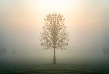 Fototapeta na wymiar Single lone tree silhouette standing alone in moody foggy mist field at break of dawn with ethereal sun light rays shining down from above giving mystical hopeful misty scene