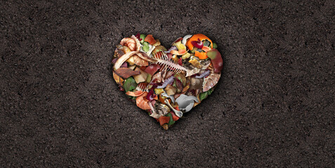 Love to compost and composted soil cycle as a composting pile of rotting kitchen scraps with fruits...