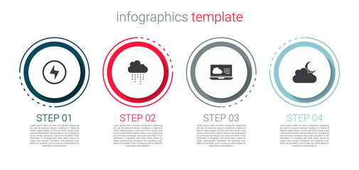 Set Lightning bolt, Cloud with rain, Weather forecast and moon. Business infographic template. Vector.