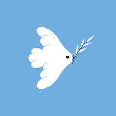 White dove with olive branch is flying in the sky. Vector bird on the blue background. Dove of Peace. 