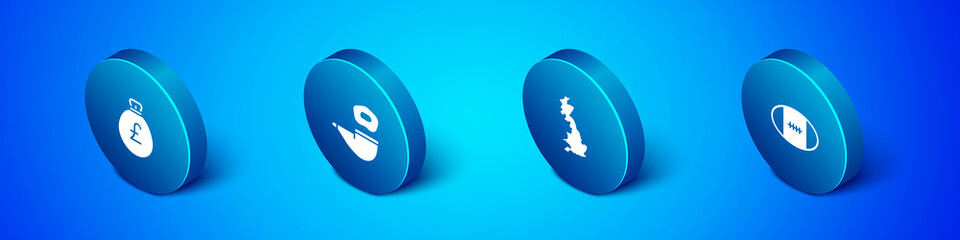 Set Isometric Money bag with pound, England map, Rugby ball and Smoking pipe icon. Vector.