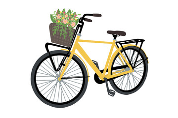 Fototapeta na wymiar Vector hand drawn illustration of yellow bicycle with flower basket. An image of city bike in flat and doodle style.