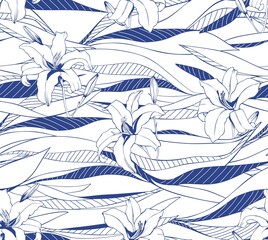 Lilies and stripes in white and blue. Seamless vector pattern in the style of the 70s for fabric