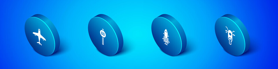 Set Isometric Plane, Rocket ship with fire, Scooter and Speed limit traffic icon. Vector.