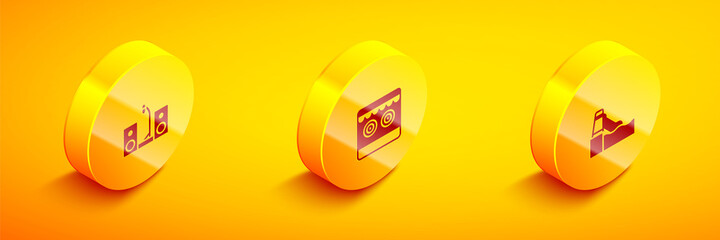 Set Isometric Home stereo with two speakers, Shooting gallery and Water slide icon. Vector.