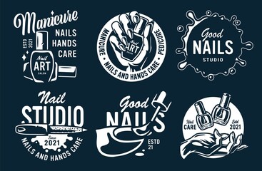 Set of manicure prints for nail bar and beauty salon. Emblem for fingernail studio or logo of nails and hands care service