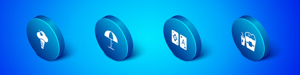 Set Isometric Ice cream in waffle cone, Tarot cards, Popcorn box and glass and Sun protective umbrella icon. Vector.