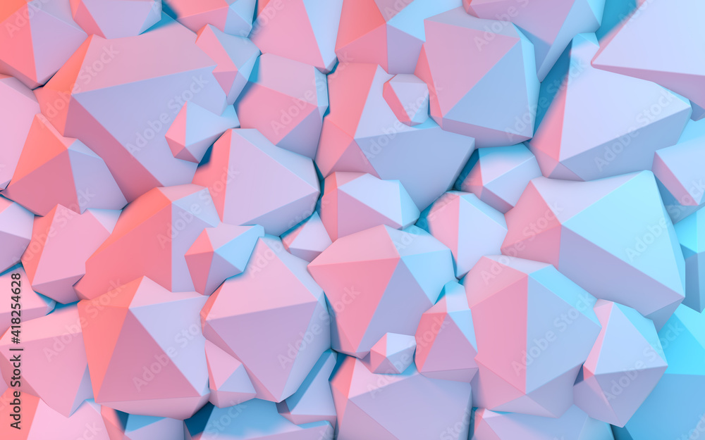 Aufkleber Abstract background with 3D shapes flying in pink and blue light as a messy array or chaotic structure for any pastel backdrop. 3D illustration.