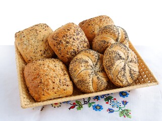 various tasty rolls with grains and spices for breakfast