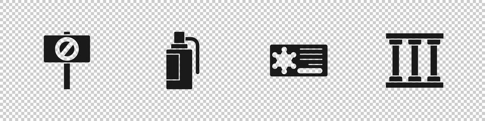 Set Protest, Hand grenade, Police badge and Prison window icon. Vector.