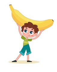 A curly-haired boy holding a large banana in his hands. Child with fruits. Vector illustration. Isolated on a white background.