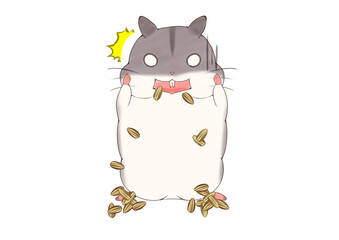 驚いて頬袋からひまわりの種を吐き出すハムスター