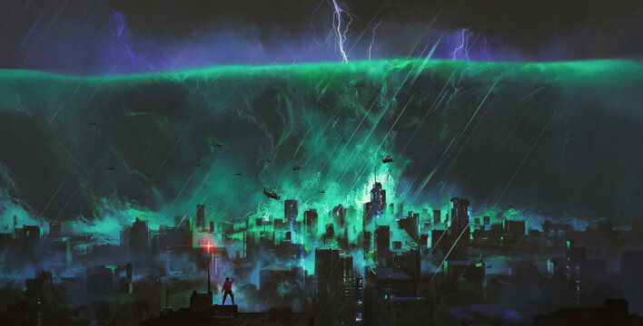 The tsunami is about to destroy the city, fantasy illustration.