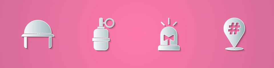 Set paper cut Military helmet, Hand grenade, Flasher siren and Protest icon. Paper art style. Vector.