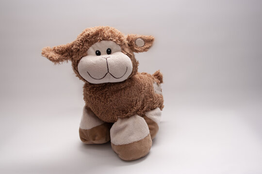 Closeup of stuffed soft toy sheep isolated on white background