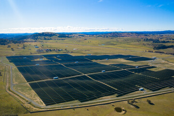Aerial view above a large solar farm for renewable energy supply in Canberra, Australia 