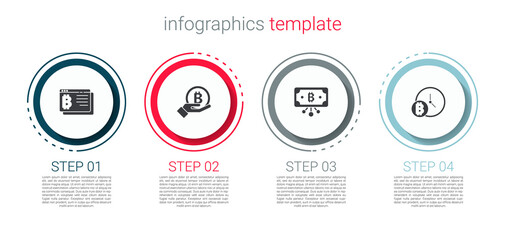 Fototapeta premium Set Bitcoin in browser, Hand holding, with circuit and clock. Business infographic template. Vector.
