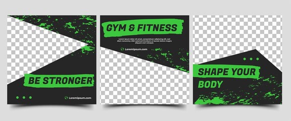 Social media post template for gym and fitness. Vector design with photo collage. Usable for social media, flyers, banners, and web internet ads.