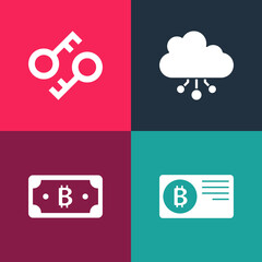 Set pop art Credit card with bitcoin, Cryptocurrency, cloud mining and key icon. Vector.