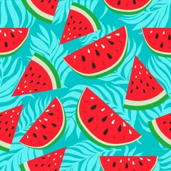 Watermelons with black and white seeds on palm dypsis leaves background. Seamless watermelons pattern. Background with red sweet watermelon slices. Cute seamless pattern with watermelons.