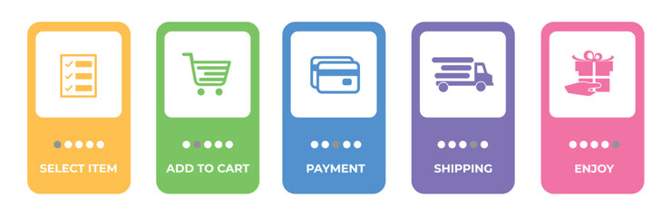 Concept of shopping process with 5 successive steps. Five colourful graphic elements. Timeline design for brochure, presentation, web site. Infographic vector design layout.