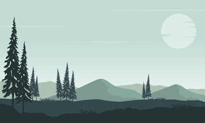 Bright morning with views of the mountains and cypress trees around it. Vector illustration
