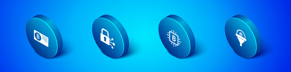 Set Isometric Credit card with bitcoin, CPU mining farm, Sales funnel and Lock icon. Vector.