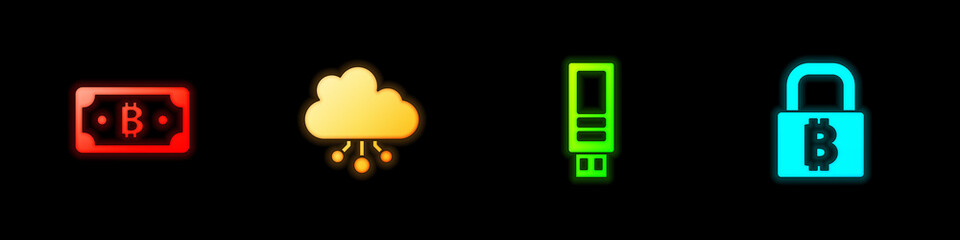 Set Cryptocurrency bitcoin, cloud mining, USB flash drive and Lock with icon. Vector.
