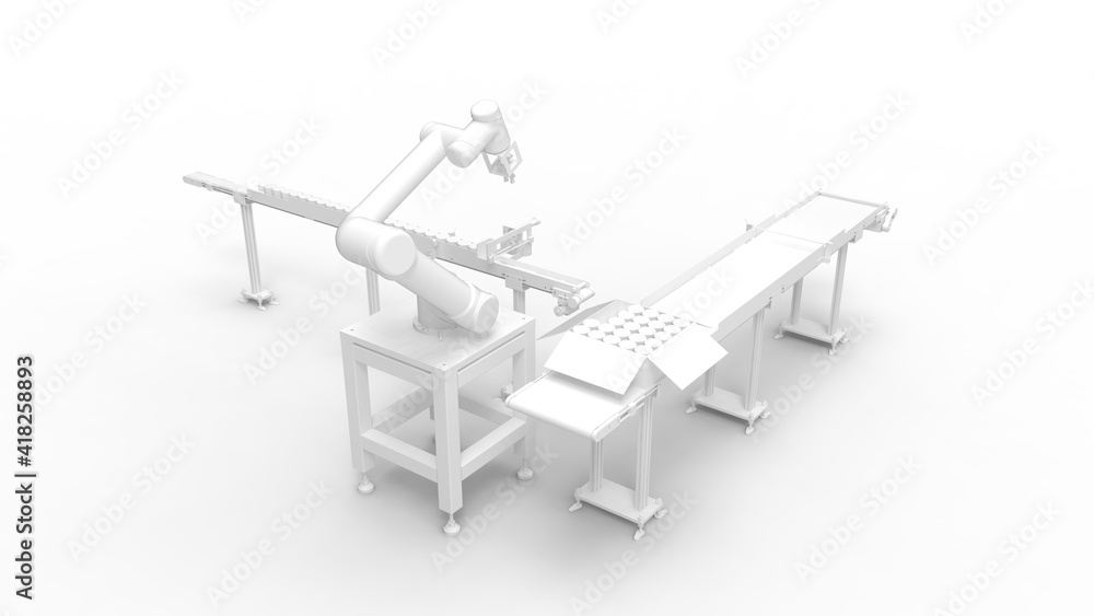 Fototapete 3d rendering of an assembly line machine with a robotic arm isolated on a white background.