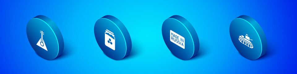 Set Isometric Balalaika, Made in Russia, Military tank and Jar of honey icon. Vector.