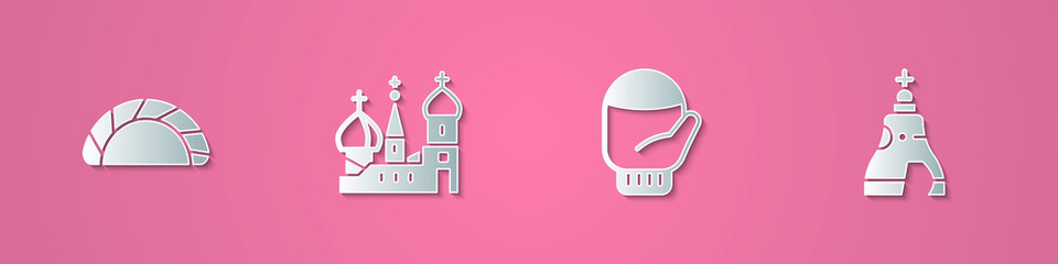 Set paper cut Dumpling, Saint Basil's Cathedral, Christmas mitten and The Tsar bell icon. Paper art style. Vector.