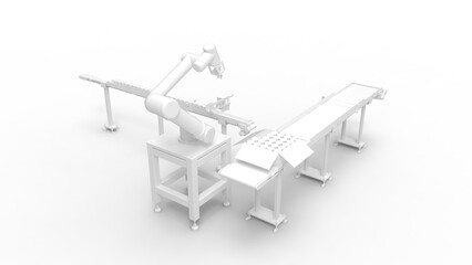 3D rendering of an assembly line machine with a robotic arm isolated on a white background.
