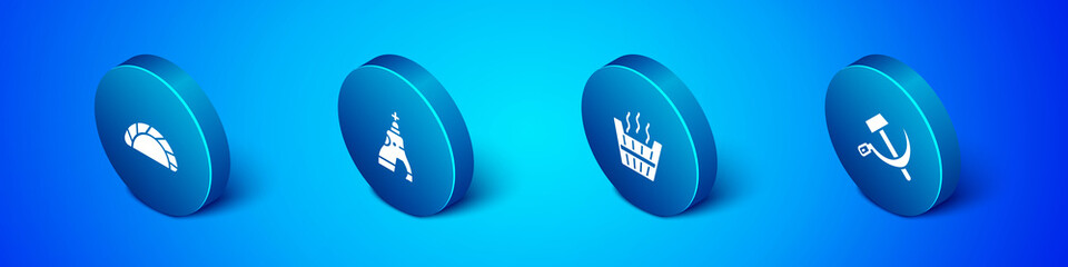 Set Isometric Dumpling, Sauna bucket, Hammer and sickle USSR and The Tsar bell icon. Vector.