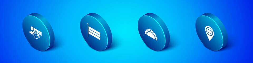 Set Isometric Cannon, Dumpling, Location Russia and National flag icon. Vector.