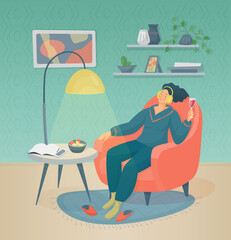 Woman with a glass of red wine sits in an armchair in the living room and listens to music on headphones. Vector colorful illustration with texture.
