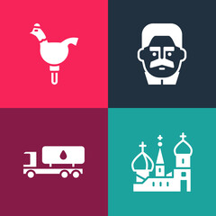 Fototapeta na wymiar Set pop art Saint Basil's Cathedral, Tanker truck, Joseph Stalin and Cockerel lollipop icon. Vector.