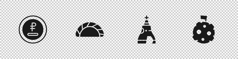 Set Rouble, ruble currency, Dumpling, The Tsar bell and Moon with flag icon. Vector.