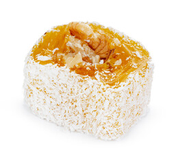 Yellow Turkish Delight with nuts in powdered sugar isolated on white