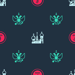 Set Rouble, ruble currency, Saint Basil's Cathedral and National emblem of Russia on seamless pattern. Vector.