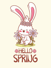 cute bunny with a flower spring. cartoon character illustration hello spring