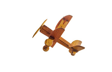 Small wooden airplane on white background, vintage plane toy for kid