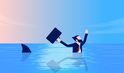 Fototapeta premium Businessman in danger - Man swimming in panic with shark in ocean. Business fear, trouble and crisis concept. Vector illustration.