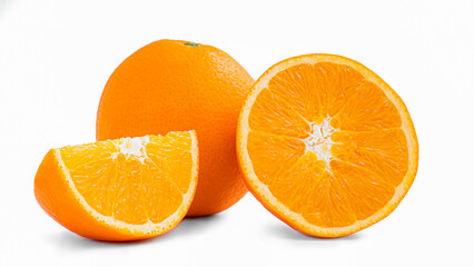 Cut in half and slice a ripe orange fruit with golden yellow peel. Isolated on white background with shadow.